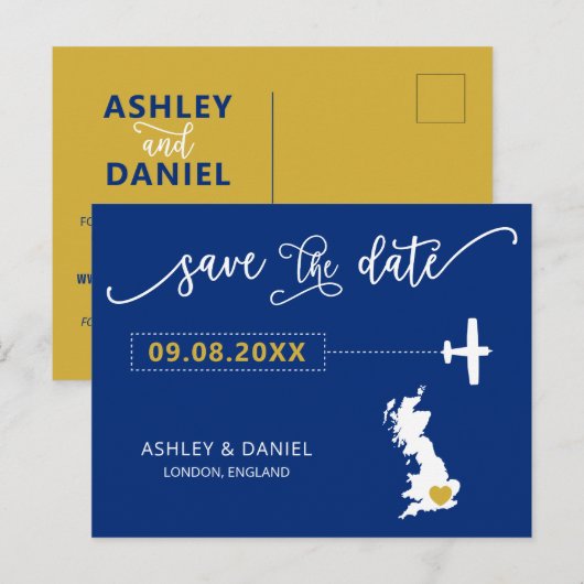 Navy England Scotland Wedding Save the Date Vereni Briefkaart (Voorkant / Achterkant)
