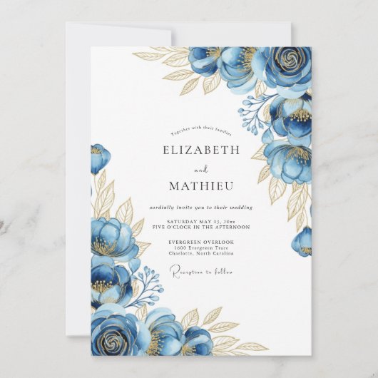 Navy Ethereal Bloom Wedding Kaart (Voorkant)