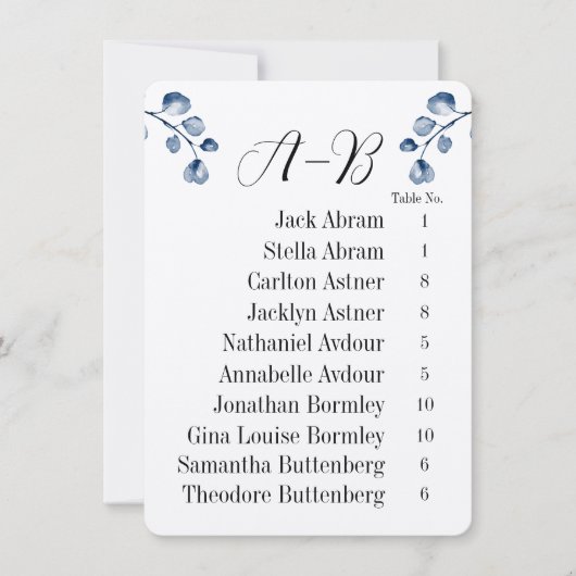 Navy Eucalyptus Alphabet 10 Guest Table Chart Card Kaart (Voorkant)