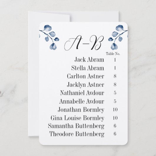 Navy Eucalyptus Alphabet 10 Guest Table Chart Card Kaart (Achterkant)