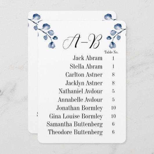 Navy Eucalyptus Alphabet 10 Guest Table Chart Card Kaart (Voorkant / Achterkant)