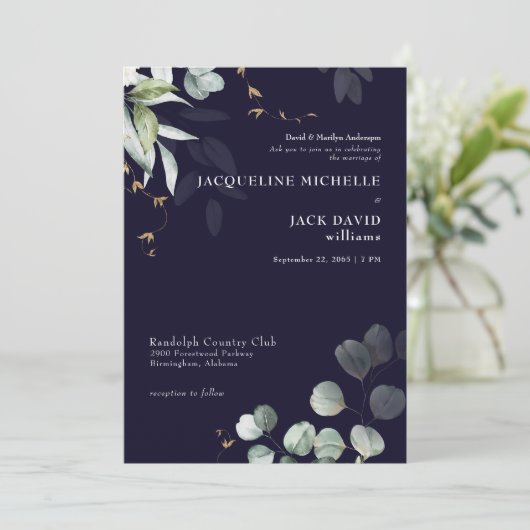 Navy Eucalyptus Elegance Bruid Ouders Bruiloft Kaart (Staand voorkant)