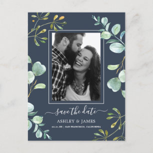 Navy Eucalyptus Foliage Botanical Save the Date Aankondigingskaart