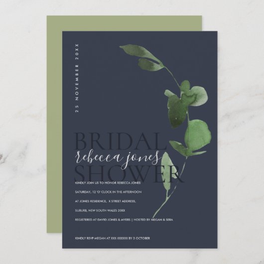 NAVY EUCALYPTUS FOLIAGE WATERVERF VRIJGEZELLENFEES AANKONDIGING (Voorkant / Achterkant)