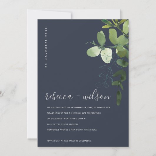 NAVY EUCALYPTUS FOLIAGE WE TIED DE KNOT INVITE BEDANKKAART (Voorkant)