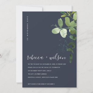 NAVY EUCALYPTUS FOLIAGE WE TIED DE KNOT INVITE BEDANKKAART