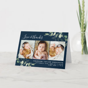 Navy Eucalyptus Foto Baby Birth Stats Folded Bedankkaart