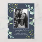 Navy Eucalyptus Loof Botanische Save the Date Aankondigingskaart (Voorkant)