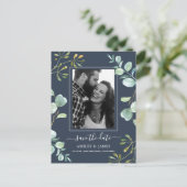 Navy Eucalyptus Loof Botanische Save the Date Aankondigingskaart (Staand voorkant)