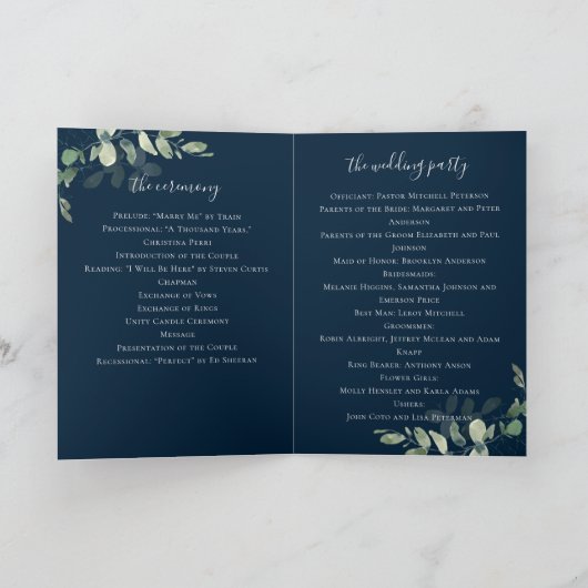 Navy Eucalyptus Order of Ceremony Wedding Programma (Binnen)