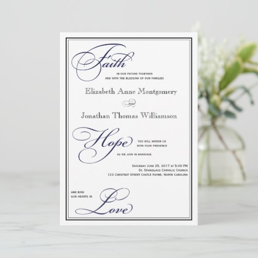 Navy Faith Hope Love Script Weddenschap Kaart (Staand voorkant)