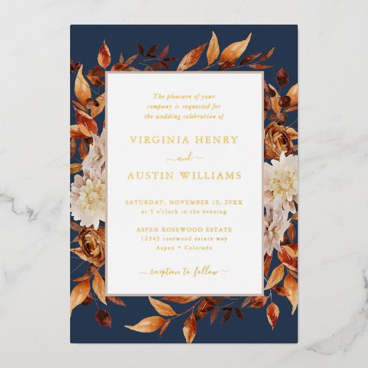 Navy Fall Wedding Folie Uitnodiging (Voorkant)