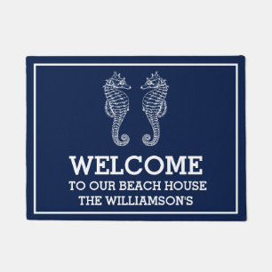 Navy Family Name Beach House Seahorse Doormat Deurmat