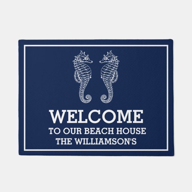 Navy Family Name Beach House | Seahorse Doormat Deurmat (Voorkant)