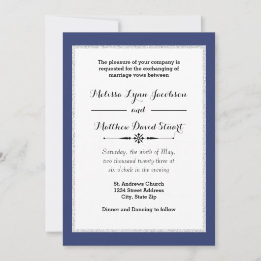 Navy & Faux Glitter Framed - Wedding Invitation Kaart (Voorkant)