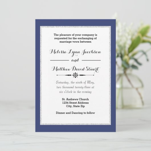 Navy & Faux Glitter Framed - Wedding Invitation Kaart (Staand voorkant)