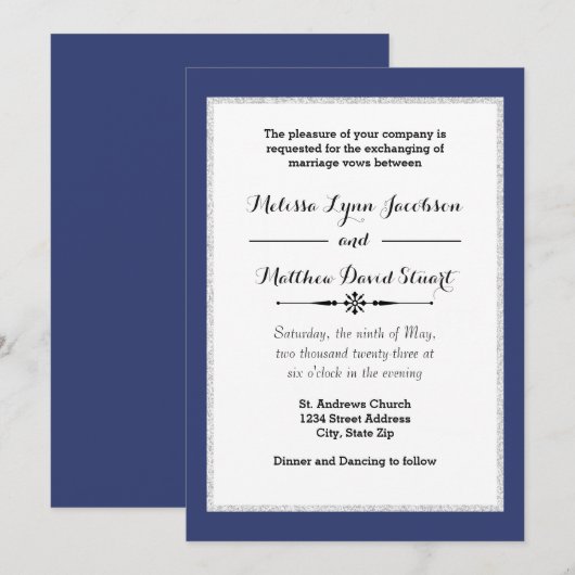 Navy & Faux Glitter Framed - Wedding Invitation Kaart (Voorkant / Achterkant)