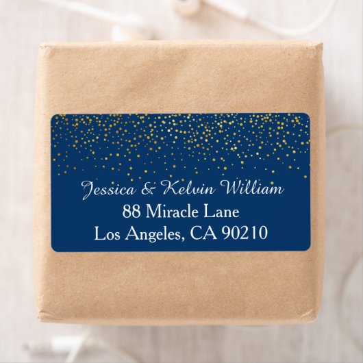 Navy Faux Gold Confetti Dot Bruiloft Retouradres Etiket (Insitu)