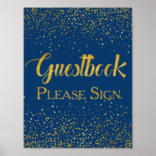 Navy Faux Gold Glitter Confetti Wedding Guestbook Poster