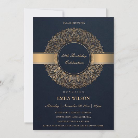 NAVY FAUX GOLD MANDALA ELK JAAR 50E BIRTHDAY KAART (Voorkant)