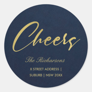 NAVY FAUX GOLD MINIMAL CALLIGRAPHY CHEERS ADRES RONDE STICKER