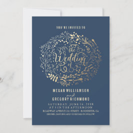Navy Faux Gouden Folie Bloemen Boeket Bruiloft Kaart