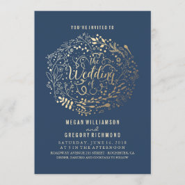 Navy Faux Gouden Folie Bloemen Boeket Bruiloft Kaart