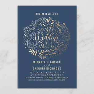 Navy Faux Gouden Folie Bloemen Boeket Bruiloft Kaart