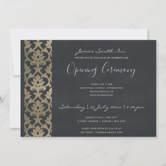 NAVY FAUX SILVER DAMASK GRAND OPENING CEREMONY KAART (Voorkant)