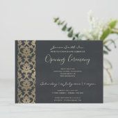 NAVY FAUX SILVER DAMASK GRAND OPENING CEREMONY KAART (Staand voorkant)
