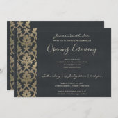 NAVY FAUX SILVER DAMASK GRAND OPENING CEREMONY KAART (Voorkant / Achterkant)