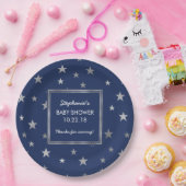 Navy + Faux Silver Stars Twinkle Baby shower decor Papieren Bordje (Feest)