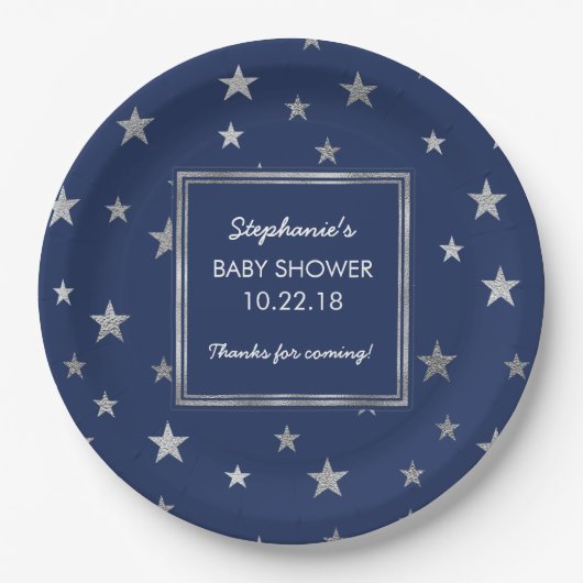 Navy + Faux Silver Stars Twinkle Baby shower decor Papieren Bordje (Voorkant)