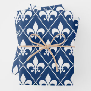 Navy Fleur de Lis Inpakpapier Vel