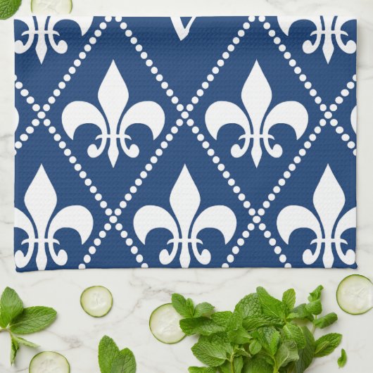 Navy Fleur de Lis met monogram initiaal Theedoek (Gevouwen)