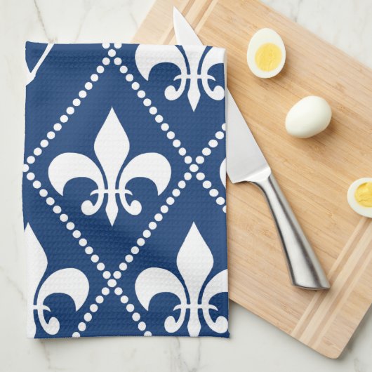 Navy Fleur de Lis met monogram initiaal Theedoek (Quarter Fold)
