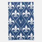 Navy Fleur de Lis met monogram initiaal Theedoek (Verticaal)