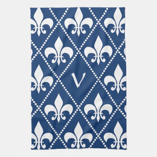 Navy Fleur de Lis met monogram initiaal Theedoek (Verticaal)