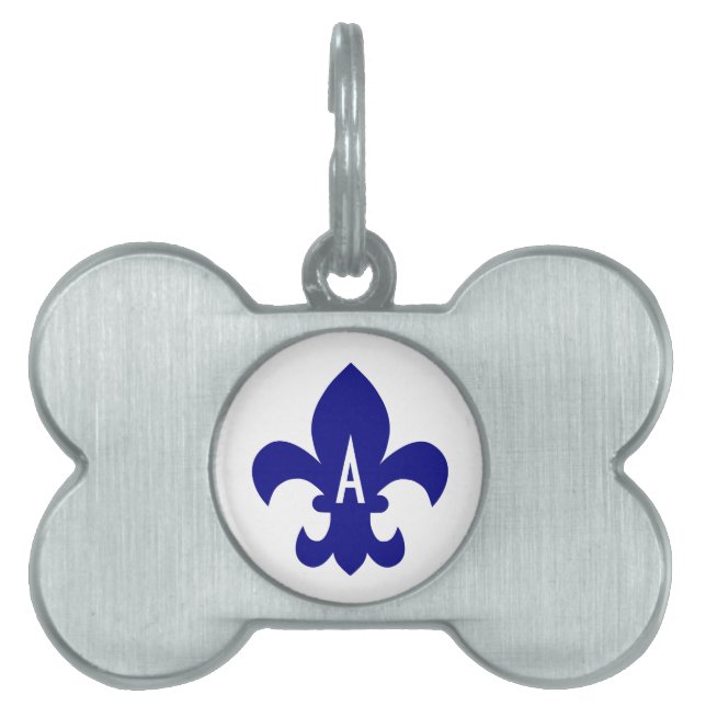 Navy Fleur de Lis Monogram Huisdieren Naamplaatje (voorkant)