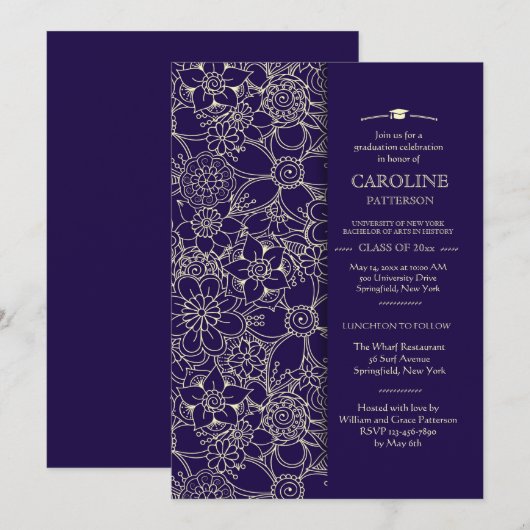 Navy Floral Afstuderen Invitation Kaart (Voorkant / Achterkant)