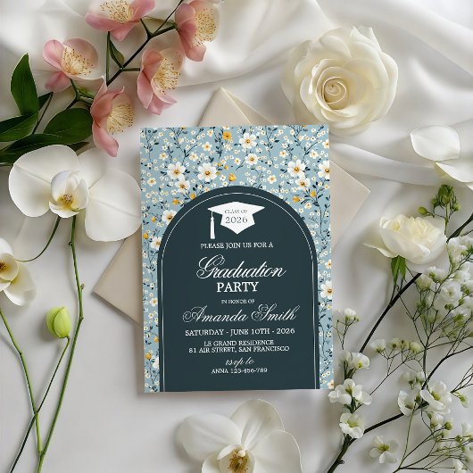 Navy Floral Arch Class of 2026 Grad Invite Kaart