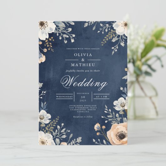 Navy Floral Arch Wedding Kaart (Staand voorkant)