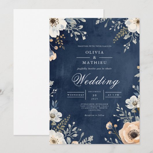 Navy Floral Arch Wedding Kaart (Voorkant / Achterkant)