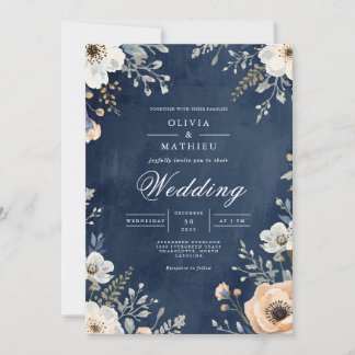 Navy Floral Arch Wedding Kaart