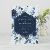 Navy Floral Bloom Romance Wedding Kaart (Staand voorkant)