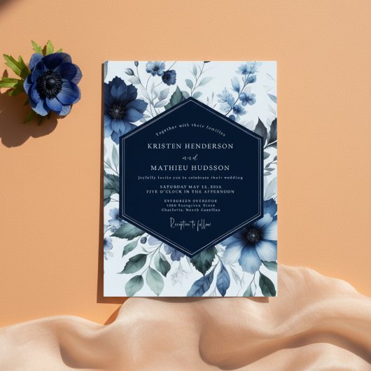 Navy Floral Bloom Romance Wedding Kaart