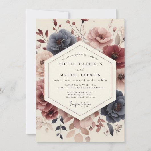 Navy Floral Bloom Wedding Kaart (Voorkant)