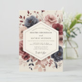 Navy Floral Bloom Wedding Kaart (Staand voorkant)