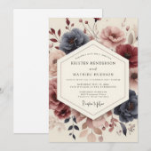 Navy Floral Bloom Wedding Kaart (Voorkant / Achterkant)