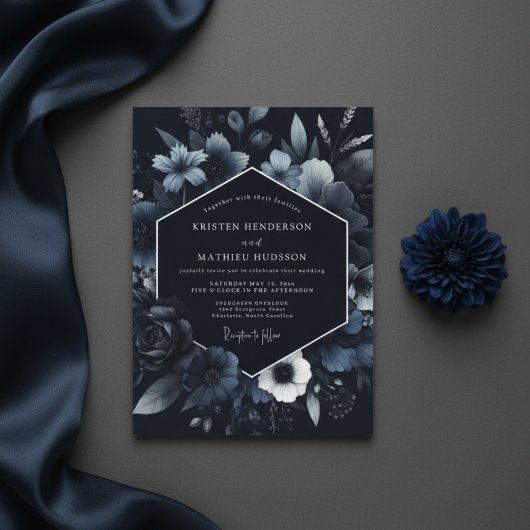 Navy Floral Bloom Wedding Kaart